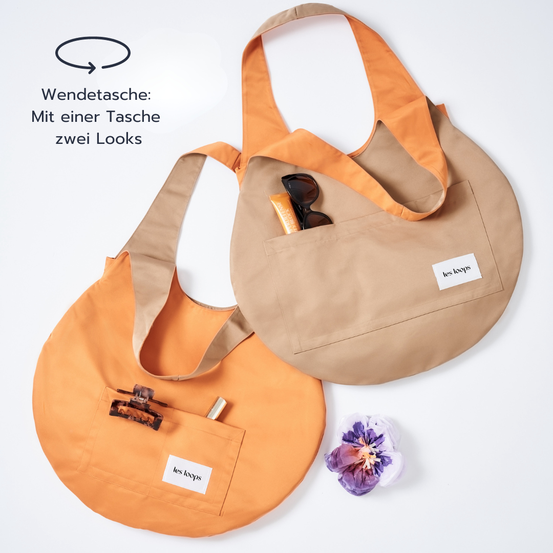 Loops Wendetasche Caramel-Orange, beidseitig tragbar für Abwechslung im Alltag und auf Reisen, wahlweise in Caramel oder Orange als Teil eines Bundles