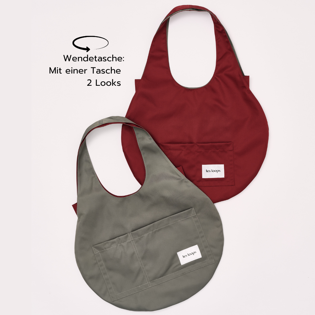 Nachhaltige Shoppertasche aus recycelten Stoffen zum Wenden in den Farben Graugrün und Bordeaux
