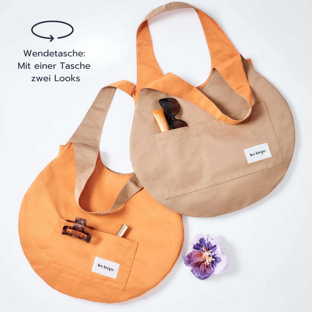 Loops Wendetasche Caramel-Orange, beidseitig tragbar für Abwechslung im Alltag und auf Reisen, wahlweise in Caramel oder Orange.