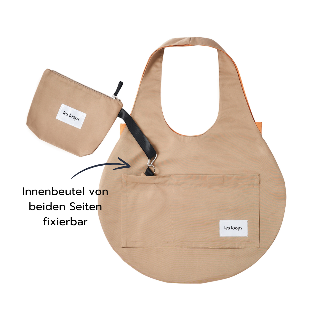 Loops Shopper Caramel-Orange mit Innenbeutel, der Innenbeutel bietet Platz für kleine Dinge und kann sicher mit einem Karabinerhaken fixiert werden, damit nichts verloren geht.