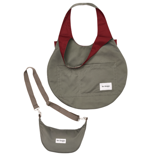 Set Shopper Crossbody Bag Graugrün Wendetasche graugrün Bordeaux und Shoppertasche mit verstellbarem und abnehmbaren Tragegurt